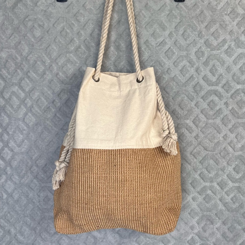Tribeca Tribe Beach Travel Jute Canvas Tote Drawstring Neutral Adjustable Strap